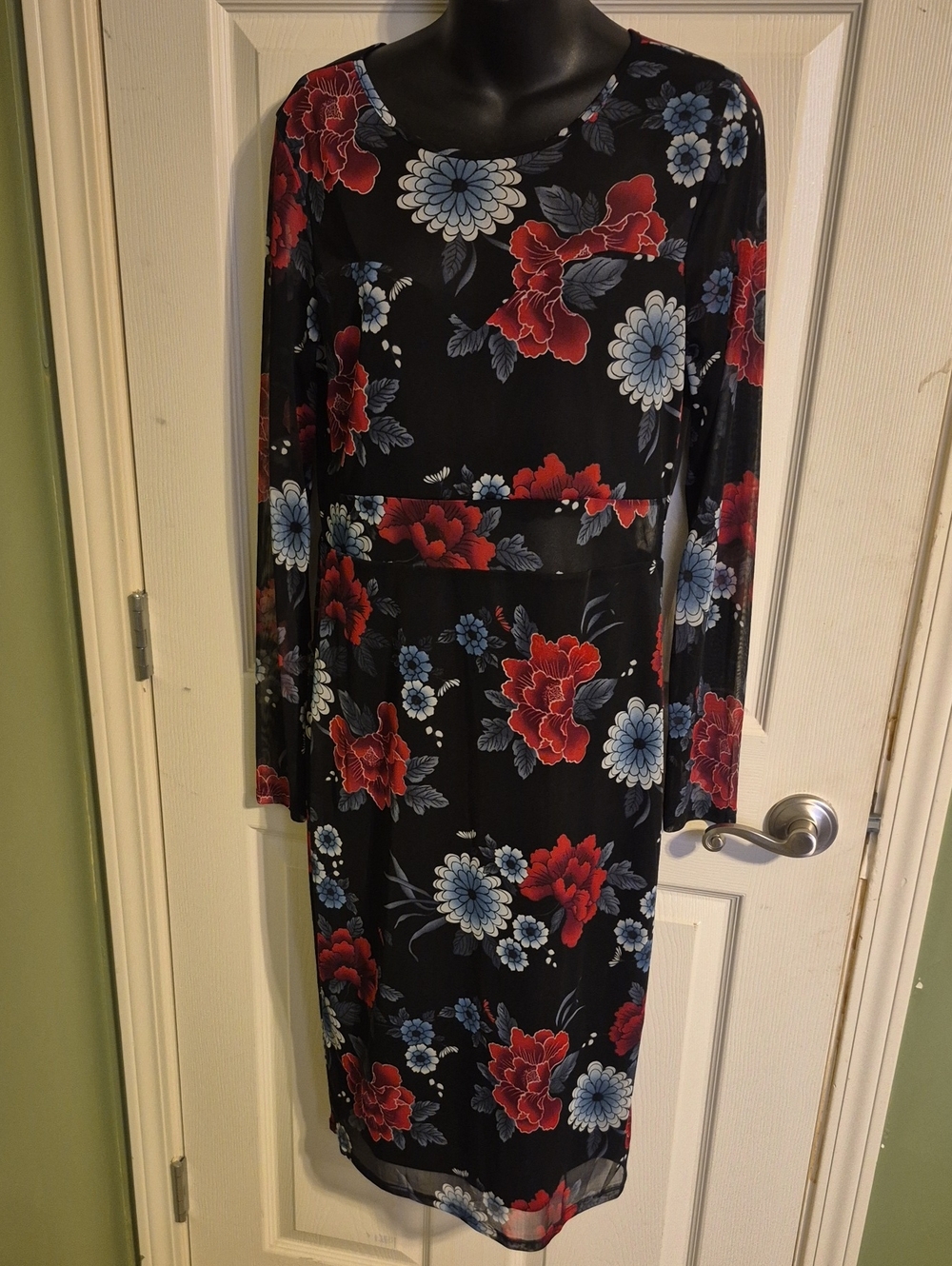 Black Floral Long-Sleeve Midi Dress with Red & Blue Blooms